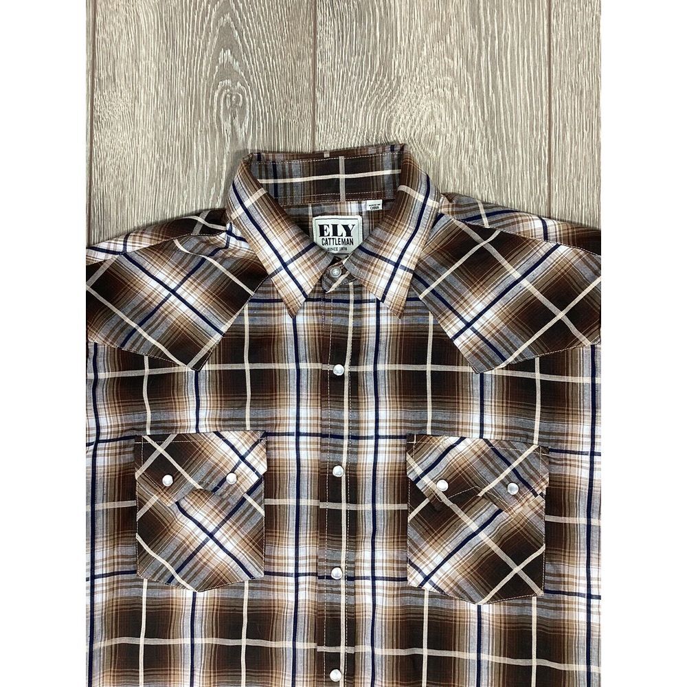 ely cattleman western Shirt Pearl Snap Brown Plaid Men's Short Sleeve Button‎